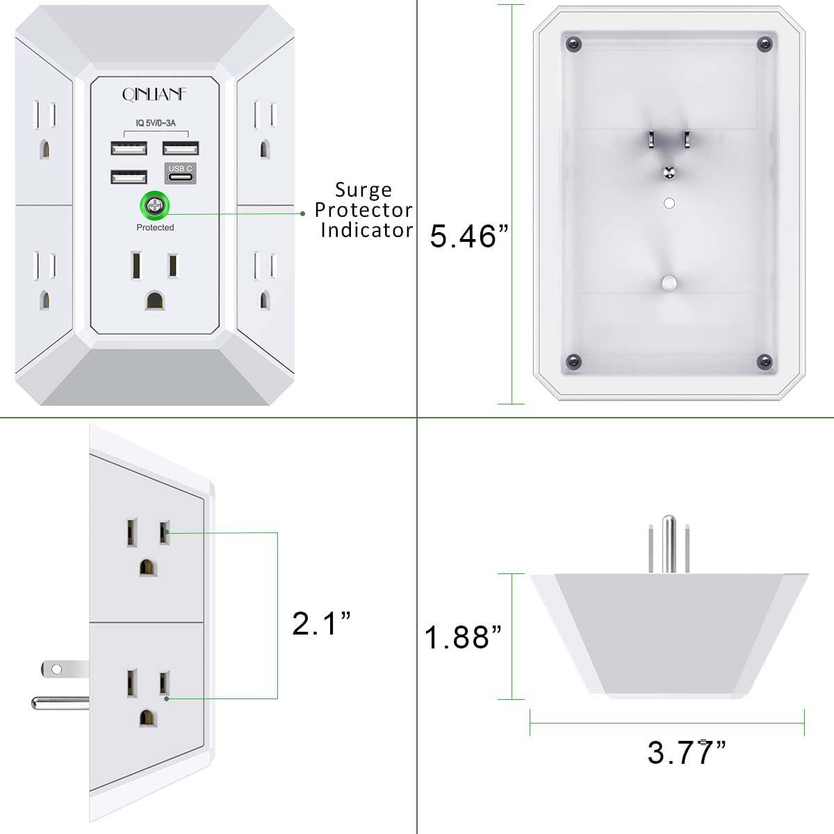 Wall Charger, Surge Protector, 5 Outlet Extender with 4 USB Charging Ports, 3-Sided 1680J Power Strip Multi Plug Adapter Spaced for Home Travel Office