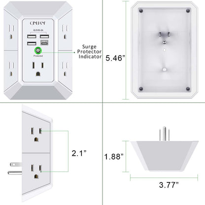 Wall Charger, Surge Protector,  5 Outlet Extender with 4 USB Charging Ports, 3-Sided 1680J Power Strip Multi Plug Adapter Spaced for Home Travel Office