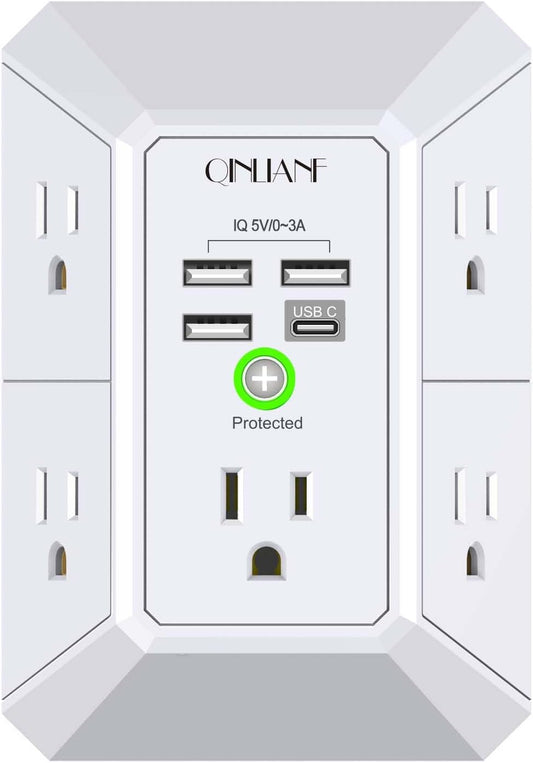Wall Charger, Surge Protector,  5 Outlet Extender with 4 USB Charging Ports, 3-Sided 1680J Power Strip Multi Plug Adapter Spaced for Home Travel Office