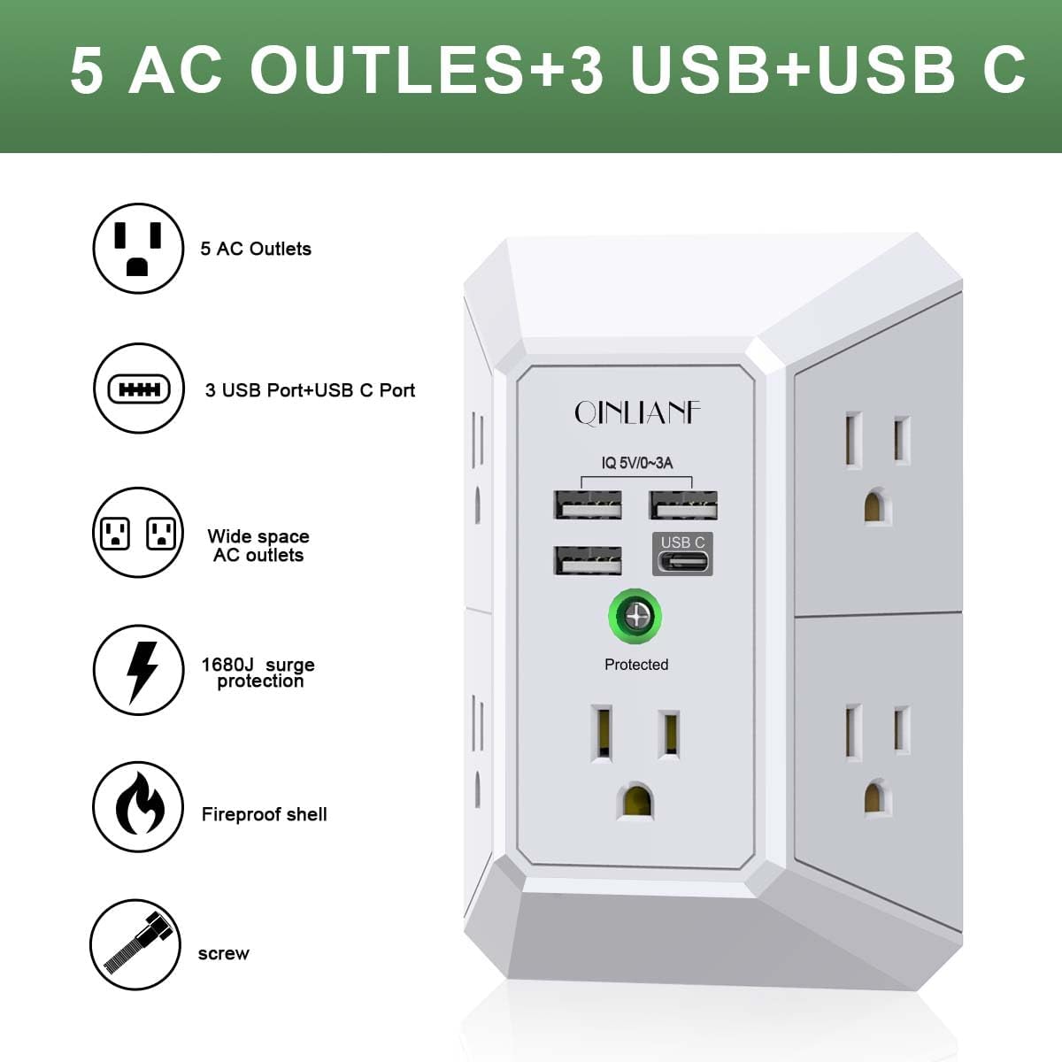Wall Charger, Surge Protector,  5 Outlet Extender with 4 USB Charging Ports, 3-Sided 1680J Power Strip Multi Plug Adapter Spaced for Home Travel Office