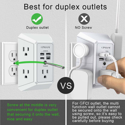 Wall Charger, Surge Protector,  5 Outlet Extender with 4 USB Charging Ports, 3-Sided 1680J Power Strip Multi Plug Adapter Spaced for Home Travel Office